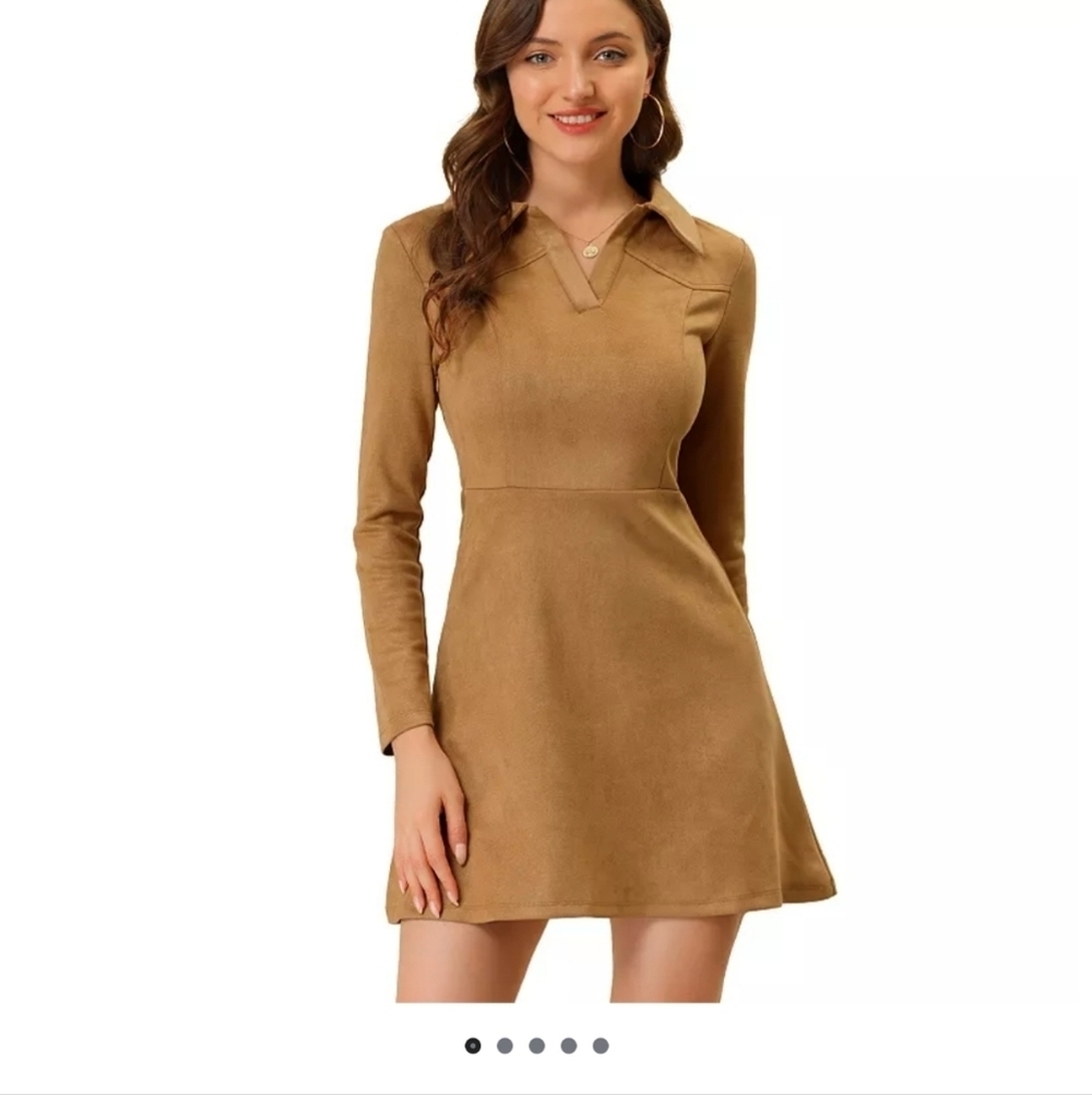 💥Allegra K Tan Long Sleeve A-Line Dress with Notched Collar